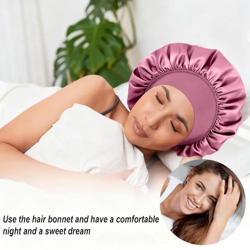 Vista 6 de 4 gorros de satén de seda para dormir, banda ancha elástica para mujeres y hombres, gorros de seda para cabello rizado para dormir