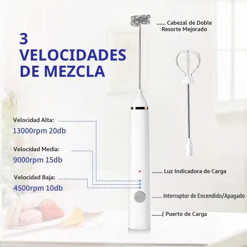 Vista 6 de Espumador de leche, espumador de leche eléctrico recargable de mano, 3 carga USB ajustable, se puede utilizar para bebidas de proteína de café a