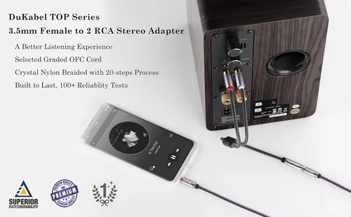 Vista 2 de DUKABEL Adaptador estéreo hembra de 0.138 in a 2 RCA, conector de audio estéreo de 0.138 in a 2 conectores RCA macho a auriculares 3.5 Y cable