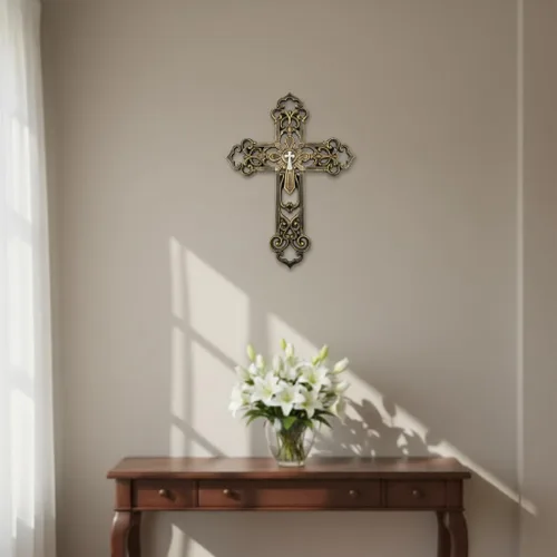 Vista 5 de Comfy Hour - Cruces de pared de 13.3 pulgadas para decoración del hogar Estilo bronce antiguo con centro plateado