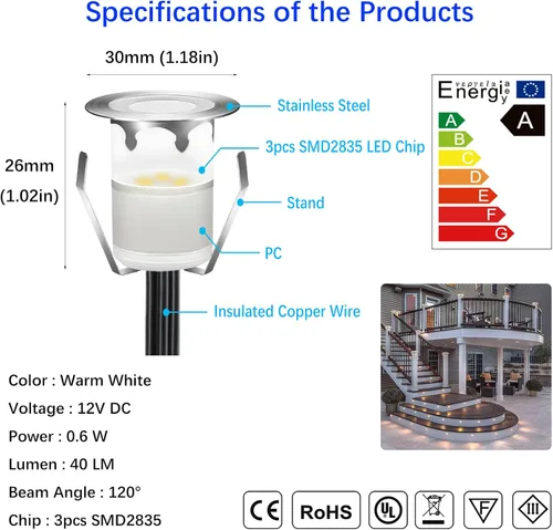 Vista 2 de Kit de luces LED para exteriores, blanco cálido Φ1.18 pulgadas, bajo voltaje, 12 V CC, IP67, impermeable, con cable eléctrico, empotrado, redondo