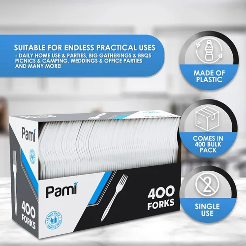 Vista 5 de PAMI Tenedores de plástico desechables de peso medio, color blanco, paquete a granel para fiestas, 400