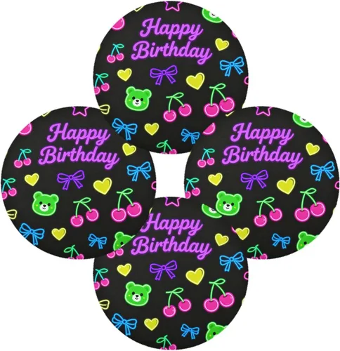 Vista 2 de Manteles individuales redondos de color negro a granel con oso de feliz cumpleaños para niños de 15 x 15 pulgadas individuales para mesa de comedor