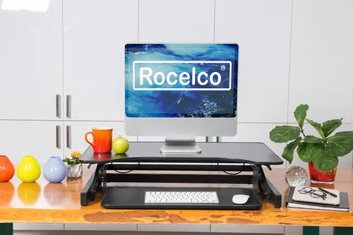 Vista 7 de Rocelco - Convertidor de escritorio para trabajar de pie con altura ajustable de 32 pulgadas - Bandeja retráctil deslizable - Elevador de monitor