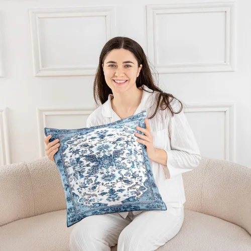 Vista 4 de Erosebridal Paquete de 2 fundas de almohada bohemias de 16 x 16 pulgadas, fundas de almohada de mandala azul turquesa, fundas de cojín retro