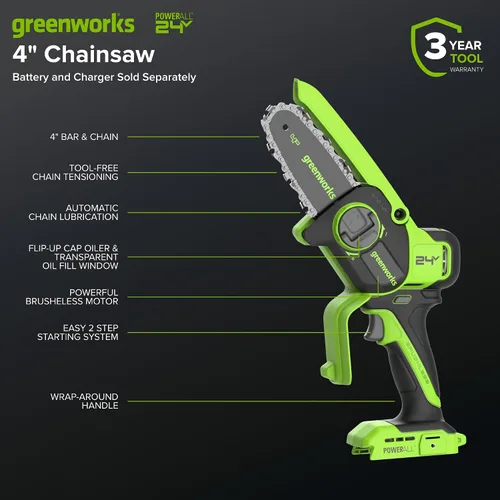 Vista 2 de Greenworks Mini motosierra sin escobillas de 24 V y 4 pies (engrasador automático, tensión sin herramientas, ultraligera), batería y cargador