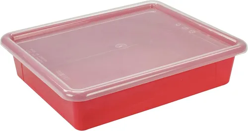 Vista 6 de Storex Bandeja de almacenamiento plana tamaño carta, contenedor organizador con tapa sin broches para aula, oficina y hogar, rojo, paquete de 5