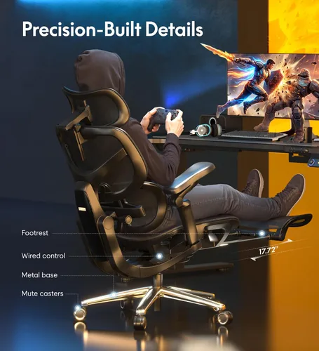 Vista 9 de FlexiSpot Sentinel-Pro - Silla ergonómica para juegos con reposabrazos 7D de doble ala adaptable lumbar 7D 145° 4 posiciones, respaldo ajustable