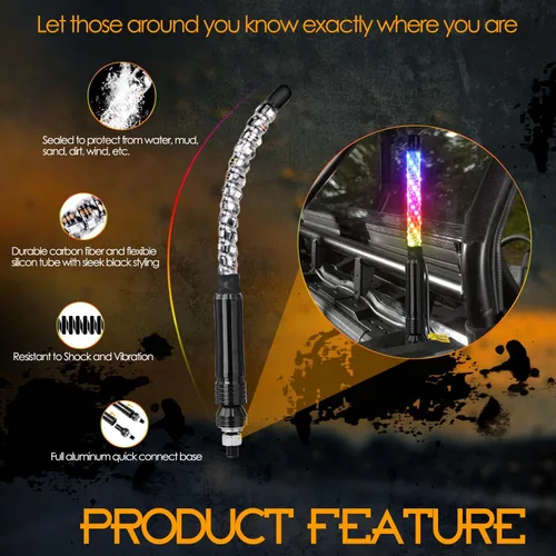Vista 4 de Nirider 2PCS Luces LED Whip de 1 pie con Poste de Bandera Control Remoto Espiral RGB Luz de Persecución Todoterreno Antena Iluminada de Advertencia