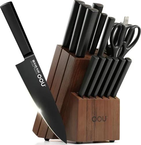 Vista 9 de OOU Juego de Cuchillos de Cocina con Bloque - 15 Piezas de Acero Inoxidable de Alto Carbono con Bloques de Afilado Integrados, Negro