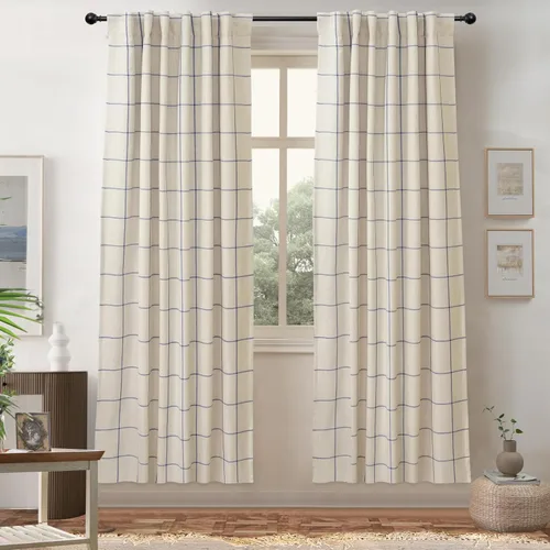 Vista 39 de DriftAway 2 paneles cortinas de lino a cuadros 100% opacas de doble capa cortinas para dormitorio de 96 pulgadas de largo estilo granja con Gris