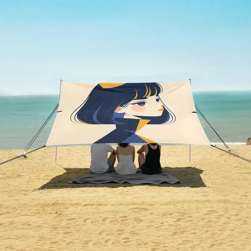 Vista 5 de Queen Cream Beach Cabana Tent UPF50+ Fácil instalación parasol grande con pala de arena para viajes familiares, picnics y campamentos