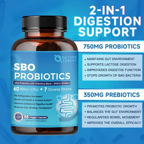 Vista 4 de NATURE TARGET Probióticos para mujeres y hombres, prebióticos y probióticos para la salud intestinal, 60 mil millones de UFC - 88 cápsulas