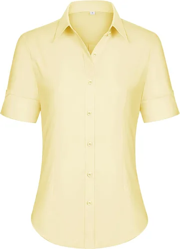 Vista 16 de siliteelon Camisas de vestir de manga corta con botones para mujer, camisas de algodón con botones para mujer, blusa ajustada de manga 3/4
