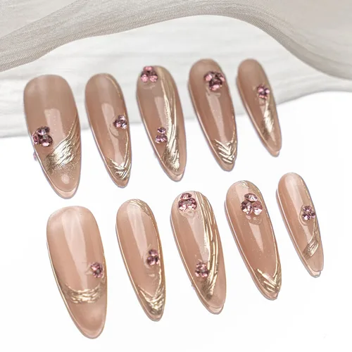 Vista 14 de Sun&Beam Nails Dije hecho a mano de almendra media larga con diseño de diamante de color nude, lindas puntas de uñas postizas, 10 unidades (#99 S)