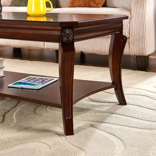 Vista 7 de Mesa auxiliar tradicional con estante de almacenamiento y patas talladas, mesas de sala de estar de granja, mesa central rectangular de madera