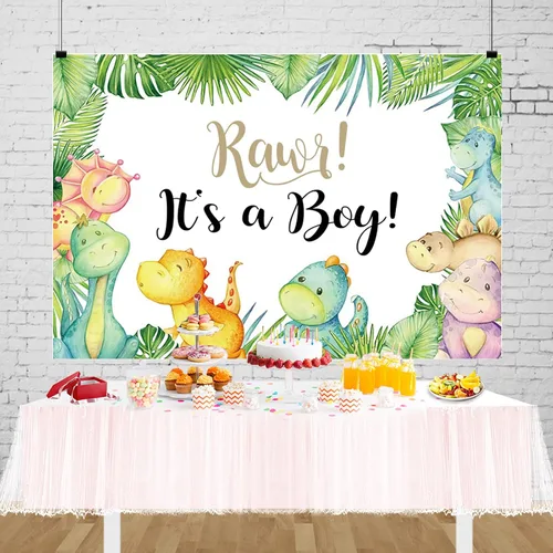 Vista 6 de Cartel de fondo de baby shower de dinosaurio pequeño de 7 x 5 pies con texto en inglés "It's A Boy" ("It's A Boy"), telón de fondo para baby shower