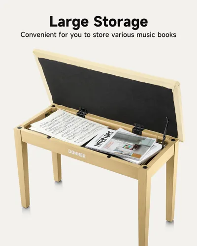 Vista 4 de Donner Banco de piano dúo con almacenamiento, banco de teclado de madera maciza, taburete, silla, asiento con libro de piano, acolchado con esponjas