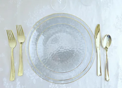 Vista 3 de Ocasiones" Paquete de 50 platos (25 invitados) - Juego de platos de plástico desechables para fiestas de boda pesados, cena de 25 x 10 pulgadas +