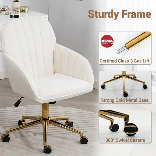 Vista 6 de Silla de tocador de terciopelo con ruedas y base dorada, 330 libras Beige