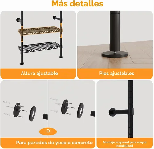 Vista 7 de Higeego W4 - Perchero industrial de tubería montado en la pared, sistema de armario expandible para colgar ropa, perchero resistente ajustable