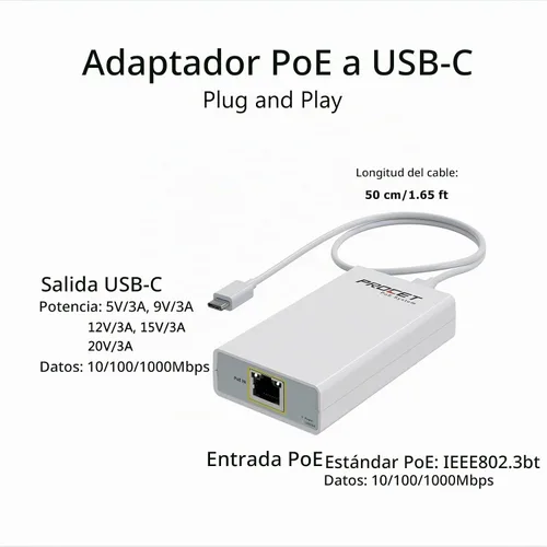 Vista 2 de Convertidor Gigabit PoE a USB C para teléfono inteligente/tableta, adaptador USB-C a Ethernet con carga de 60 W, alimentación y datos 2 en 1 puerto