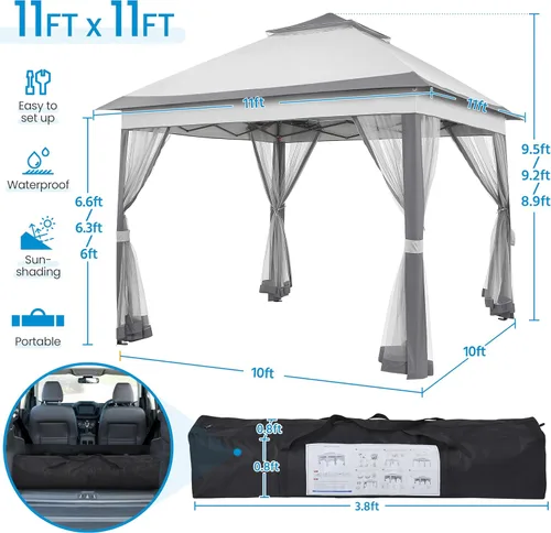 Vista 3 de Yaheetech - Tienda de campaña al aire libre de 11 x 11 pies, refugio instantáneo para patio con toldo para el sol, toldo con 4 sacos de arena, techo