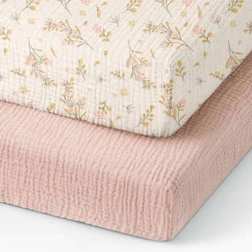 Vista 11 de Sábanas orgánicas para cuna de bebé de 33 x 17 pulgadas, 100% algodón de muselina para bebé, niña, niño, funda de colchón ajustable suave compatible