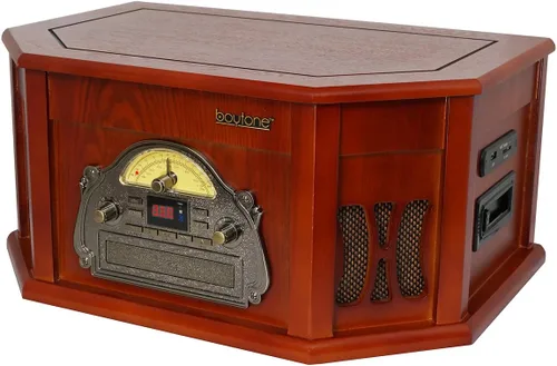 Vista 4 de Boytone BT-25CH 8-en-1 Sistema de tocadiscos clásico de madera natural estéreo con conexión Bluetooth, reproductor de discos de vinilo, AM/FM, CD