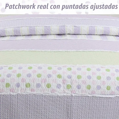 Vista 4 de Cozy Line - Juego de edredón de rayas verdes lavanda y puntos morados, 2 piezas, 100% algodón, reversible, para todas las estaciones, con fundas