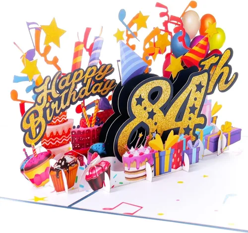 Vista 4 de iGifts And Cards Tarjeta desplegable 3D de feliz cumpleaños 84 – Diseño azul con números de purpurina, globos, pasteles y regalos – Tarjeta