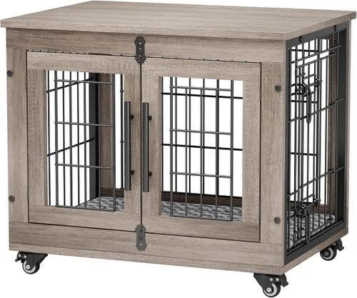 Vista 9 de YaFiti Mueble de jaula para perros con cojín, perrera de madera para interiores con puertas dobles, jaula para perros con ruedas, mesa auxiliar