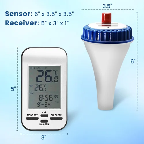 Vista 2 de Termómetro inalámbrico de 300 pies de largo, medidor de temperatura solar, sensor de temperatura de piscina, flotante, fácil de leer, impermeable