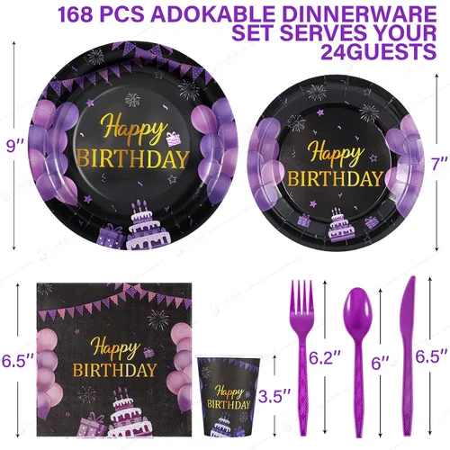 Vista 2 de Juego de vajilla de 168 piezas de suministros para fiesta de cumpleaños morados y negros, platos, cuchillos, tenedores, cucharas, tazas