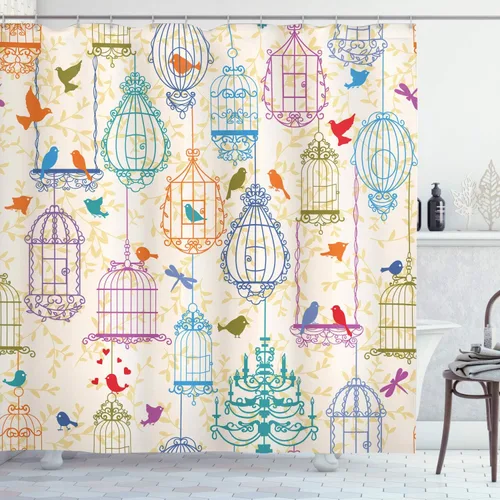 Vista 74 de set de cortina para baño decorativa de tela de poliéster con ganchos
