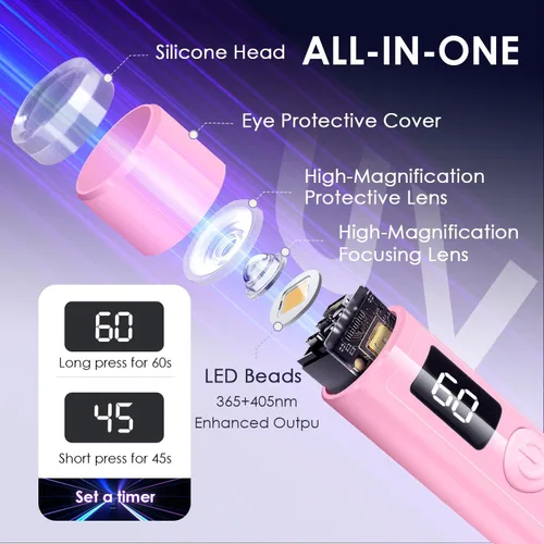 Vista 4 de Mini luz UV para uñas, luz UV de mano pequeña portátil rosa para uñas de gel, lámpara de curación flash recargable inalámbrica, lámpara de gel