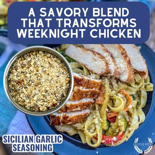 Vista 6 de Condimento de ajo siciliano Todo natural Sin OMG 1.8 oz (51 g) Mezcla de especias gourmet Lote pequeño Masaje artesanal Paquete