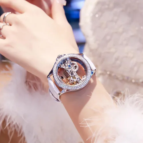 Vista 2 de OLEVS Reloj de mujer con diseño de esqueleto, mecánico automático, plateado, de lujo, impermeable, luminoso, conjunto de regalo