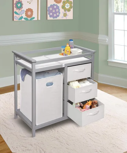 Vista 5 de Badger Basket - Mesa moderna para cambiar a los bebés, con canasta para la ropa sucia Gris/Blanco