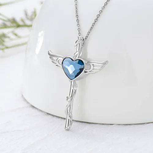 Vista 2 de Angel Necklace 925 Sterling Silver OpalMoonstoneBlue Crystal Angel Wings Cross Urn Pendant Necklace Hypoallergenic Moonstone Angel Cross Pendant