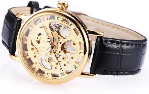Vista 5 de Reloj de pulsera mecánico para hombre, correa de cuero con cuerda de esqueleto, Oro, Mecánico