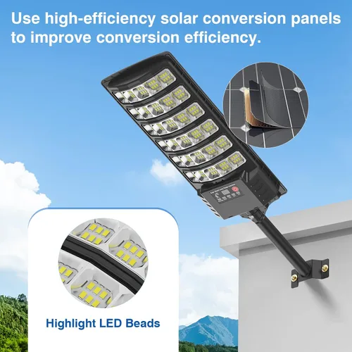 Vista 9 de Luces de calle solares para exteriores impermeables, luz de inundación de ángulo amplio, luz de estacionamiento solar LED con sensor de movimiento