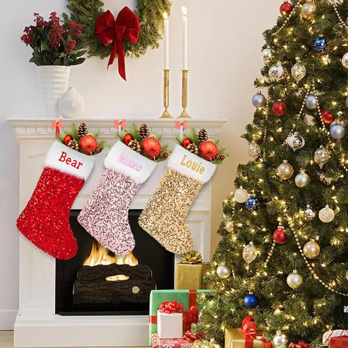 Vista 6 de Ulico Calcetines de Navidad personalizados, 18 pulgadas, con lentejuelas bordadas con nombre personalizado, calcetines de Navidad para niños