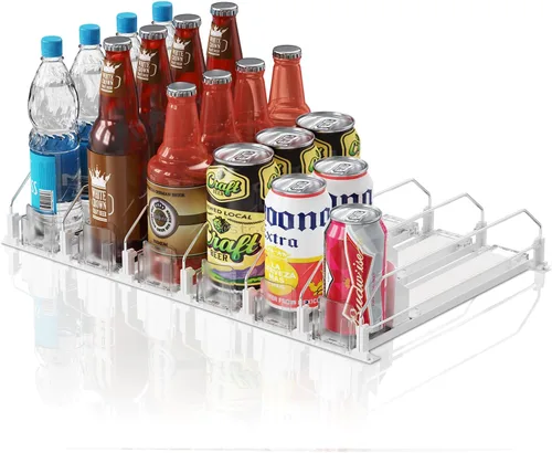 Vista 22 de Organizador de Bebidas para Refrigerador, 12oz 16oz 20oz - Dispensador de Latas de Refresco para Refrigerador, Ancho Ajustable, Deslizador Negro
