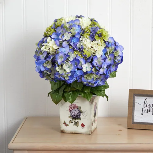 Vista 2 de Nearly Natural Hortensias mixtas con maceta floral
