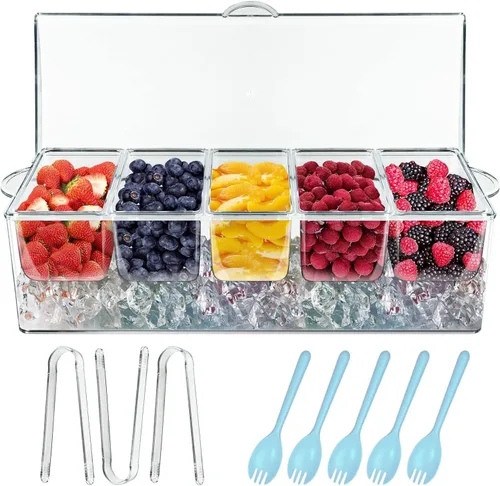Vista 9 de INNOVATIVE LIFE Gran cuenco de ensalada con base enfriadora de hielo y tapa, bandeja refrigerada de cocina para verduras con dos cucharas largas