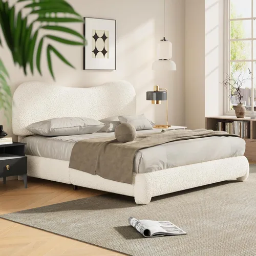 Vista 3 de Kelway - Base de cama tamaño Queen Boucle tapizada con cabecera curvada ajustable, no necesita somier, color beige