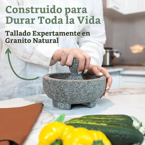 Vista 2 de PriorityChef - Juego de mortero y mano de mortero de granito – Molcajete Mexicano de piedra natural de 6.1 pulgadas para especias, condimentos