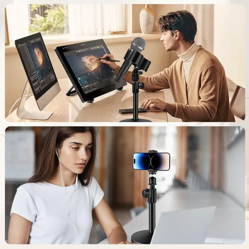 Vista 7 de BILIONE Soporte de micrófono de escritorio versátil, soporte de micrófono de mesa ajustable con clip de micrófono grande, clip para teléfono