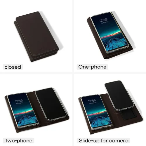 Vista 3 de Funda Duo para 2 teléfonos Funda de cuero de alta calidad multiusos para teléfono celular, cartera para teléfono celular Variación plegable